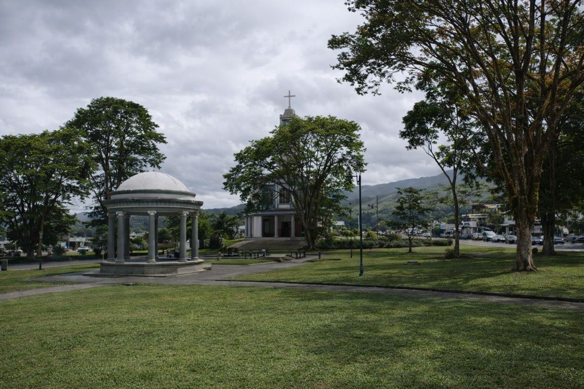 Ciudad Quesada town park and church seen on a local exploration tour by Arenal Volcano Costa Rica Tours