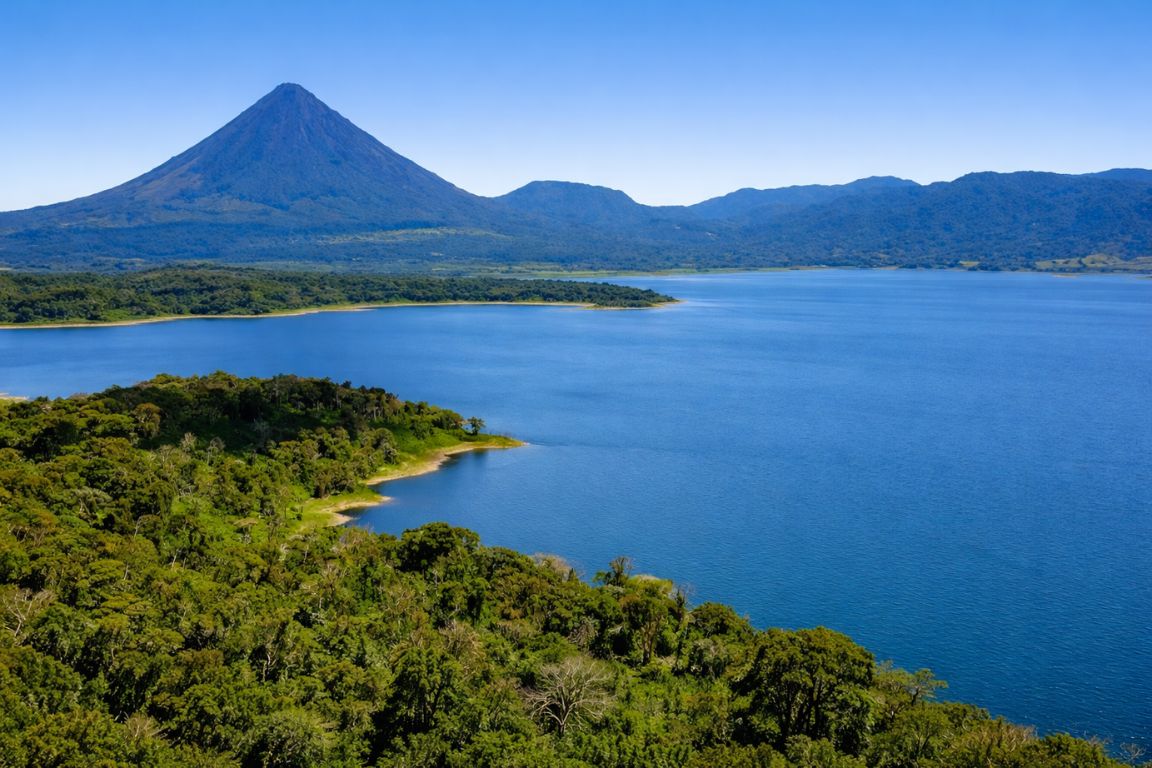 Vue aérienne du lac Arenal et du volcan Arenal capturée lors d’une visite guidée avec Arenal Volcano Costa Rica Tours, montrant une forêt tropicale luxuriante et des eaux bleues
