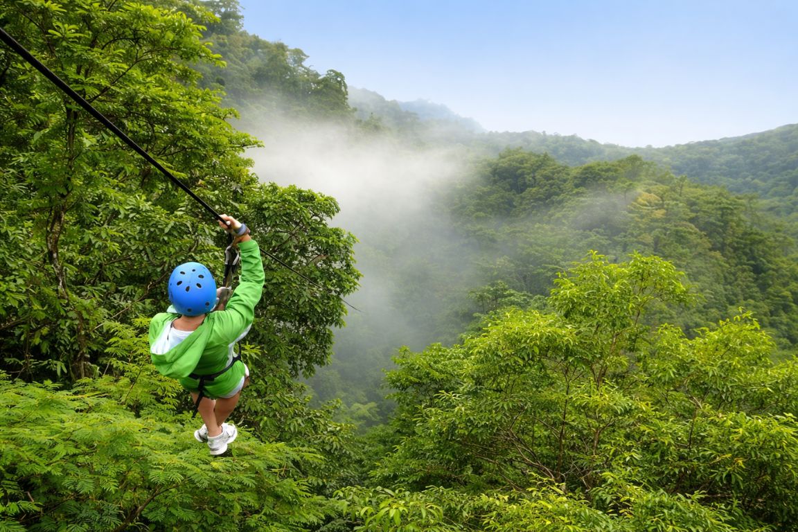 Traveler ziplining above lush rainforest canopy during an Arenal Volcano zipline tour with Arenal Volcano Costa Rica Tours.