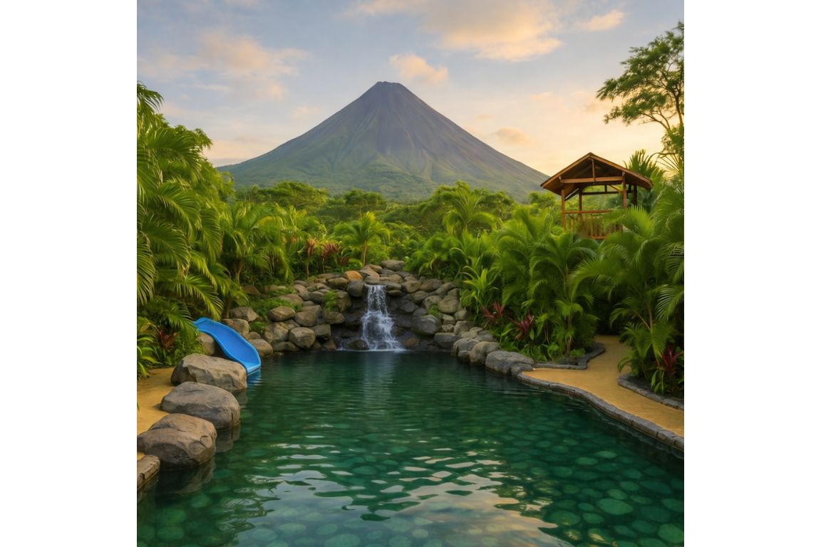 Hot springs pool with a direct view of Arenal Volcano captured during a volcano and hot springs tour with Arenal Volcano Costa Rica Tours