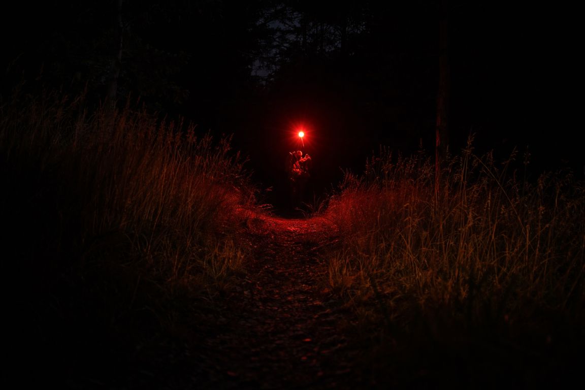 Red flashlight illuminating a forest trail during a night volcano tour organized by Arenal Volcano Costa Rica Tours