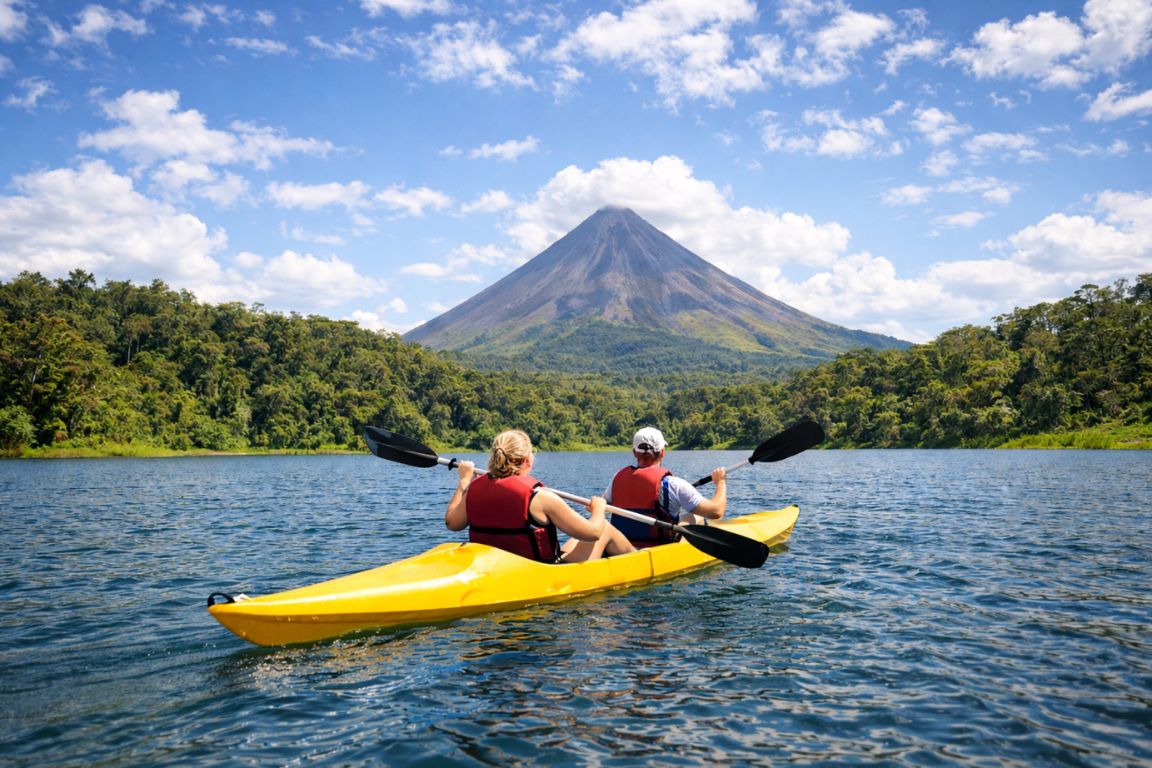 Kayaking experience on Lake Arenal facing Arenal Volcano, captured during an adventure tour with Arenal Volcano Costa Rica Tours.