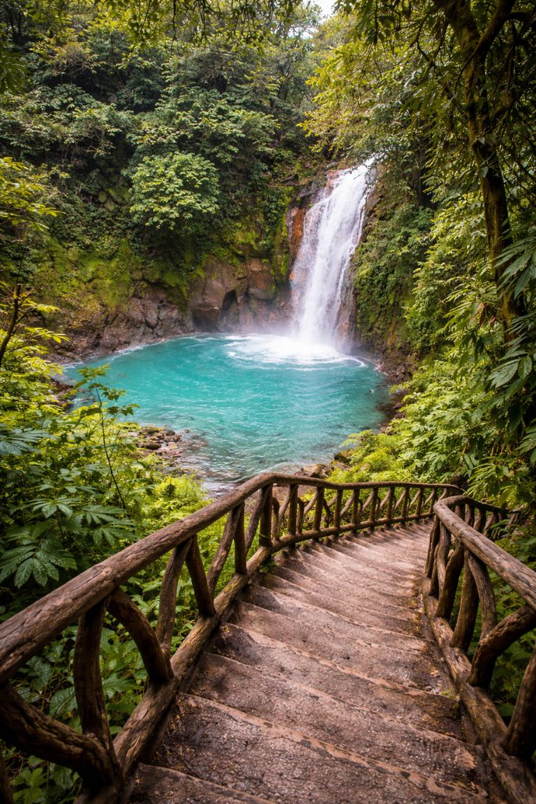 Río Celeste waterfall with bright turquoise pool and jungle staircase, photographed during a guided tour with Arenal Volcano Costa Rica Tours
