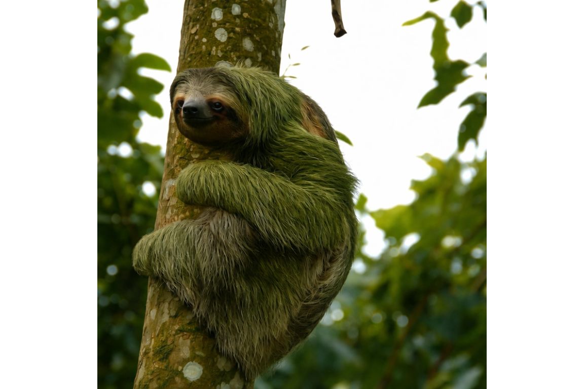 Three-toed sloth clinging to a tree in Costa Rica rainforest photographed during a guided wildlife tour with Arenal Volcano Costa Rica Tours